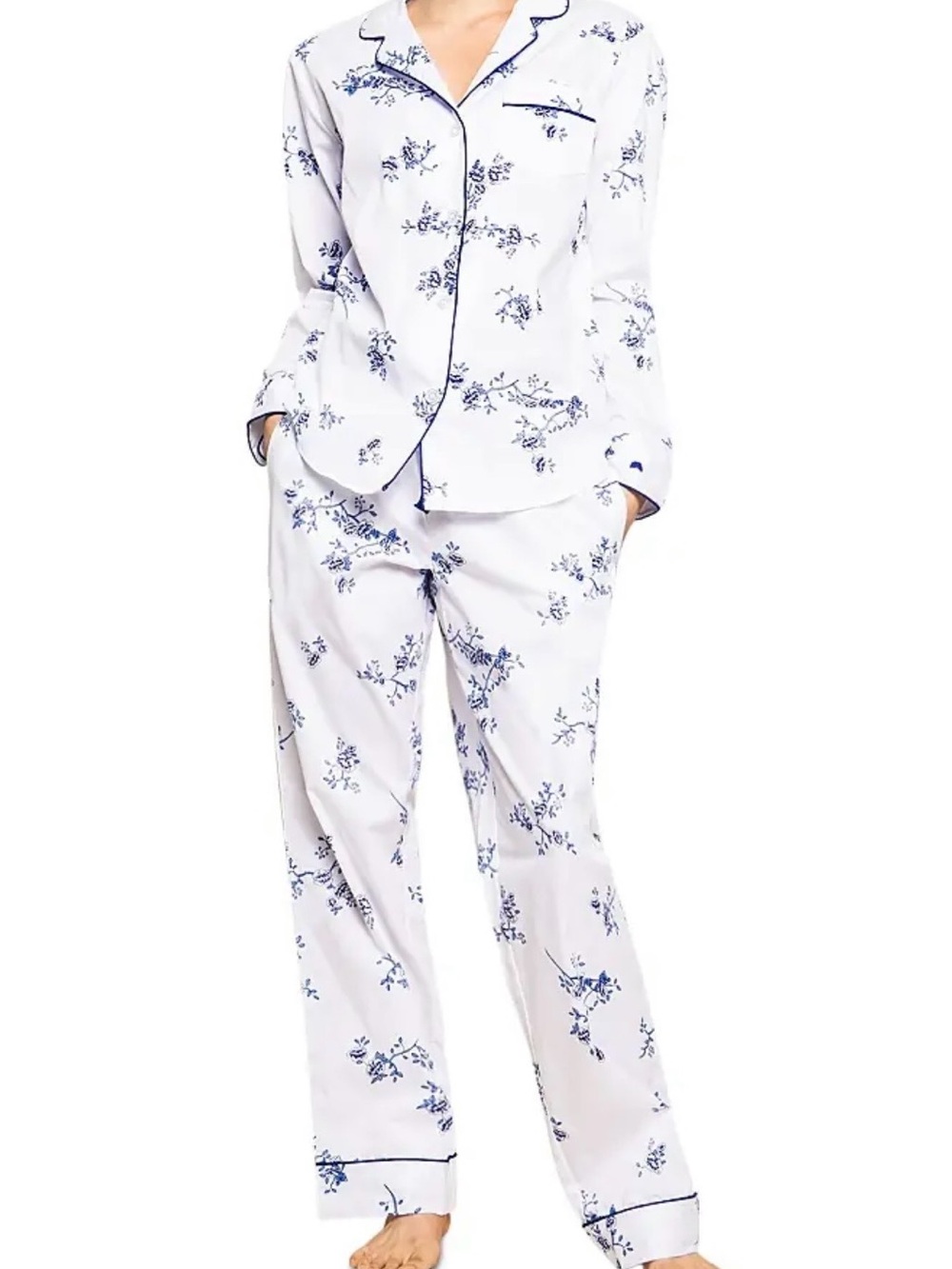 Petite Plume Blue Floral Toile Pajama Set Women’s Small 100% Cotton